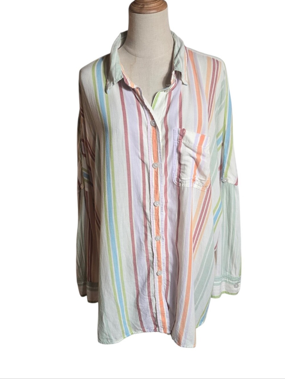 American Eagle Outfitters Pastel Multi-Stripe Button Down Relaxed Fit Shirt